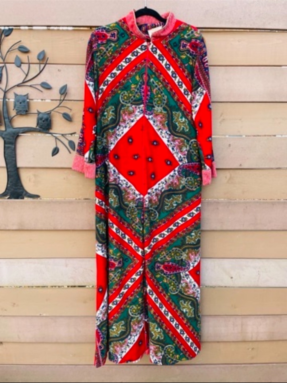 70’s Red Patterned with paisley print Long Sleeve Maxi Dress
